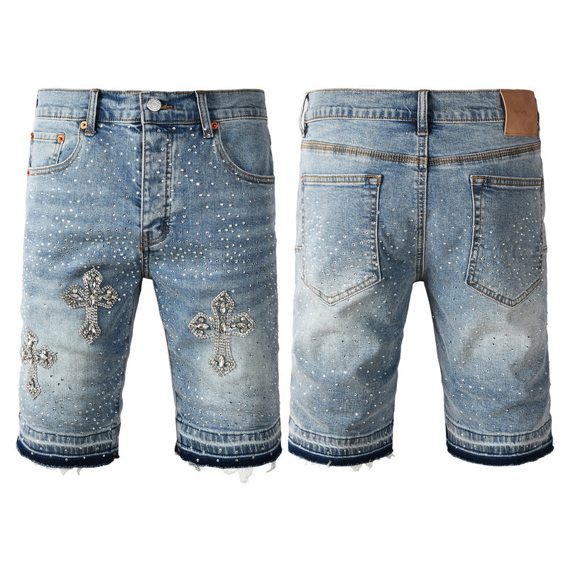 Purple Brand Crystal Diamond Denim Shorts #5098